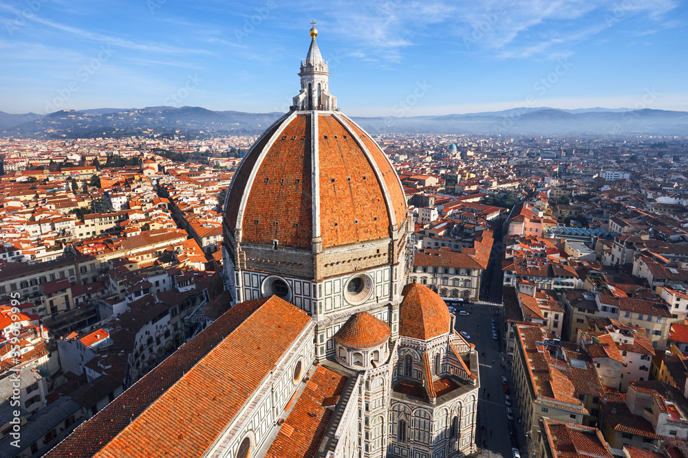 Elevated skyline of Florence from the dome of the Doumo at sunrise
