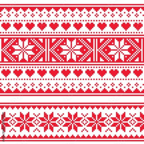 Scottish Fair Isle style traditional knitwear vector two seamless patterns, retro Shtelands knit repetitive designs with snowflakes and hearts
