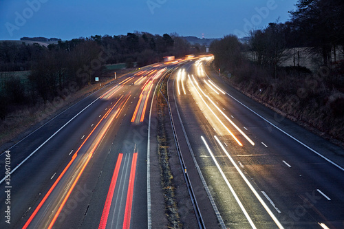 Elevated view of car light trails in the M4 in Swindon, Wiltshire, UK
