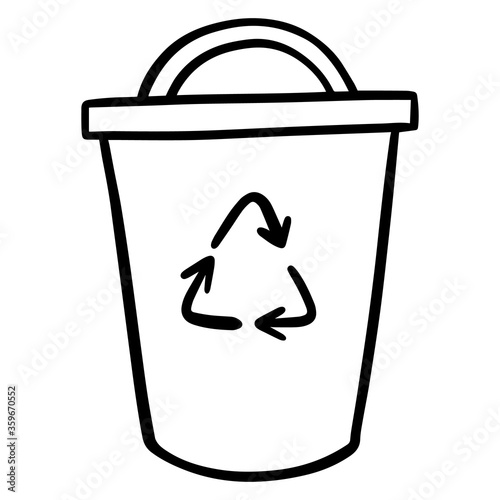 Doodle ecological trash can. Recycling garbage bin. Vector illustration on white background. Hand drawn.