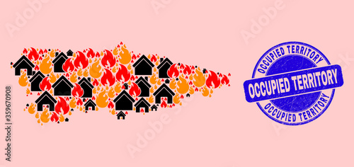 Flame and buildings mosaic Asturias Province map and Occupied Territory corroded stamp imitation. Vector mosaic Asturias Province map is formed with random burning cities.