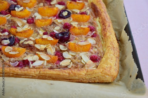 Peach cherry red currant tart puff pastry