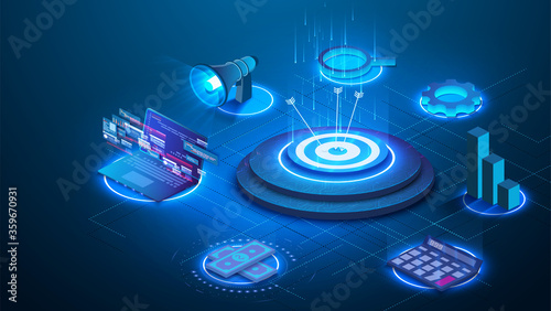 Business analysis isometric vector illustration. Growth strategy or financial goal concept. Flat isometric target with arrow hit the center. Laptop with business data analysis.Target business strategy