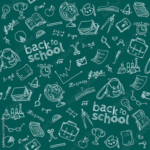 Welcome back to school seamless pattern with hand drawn doodle elements.  Vector illustration. 