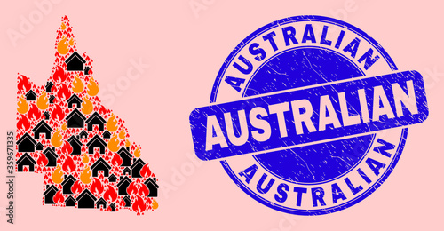 Flame and buildings collage Australian Queensland map and Australian unclean watermark. Vector collage Australian Queensland map is designed with scattered burning towns.