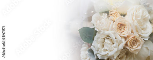 Wedding bouquet of elegant bride. Copyspace with white space for text. Wedding accessories and backgrounds