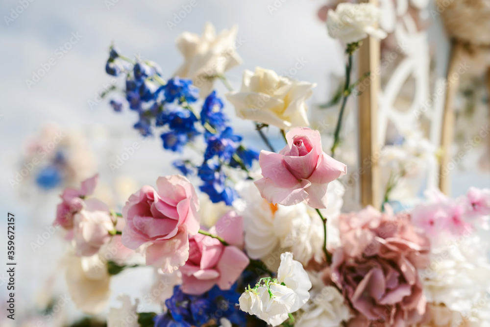 Fototapeta premium Wedding flower arrangement and decoration. Empty copyspace and space for text. Holiday accessories and backgrounds