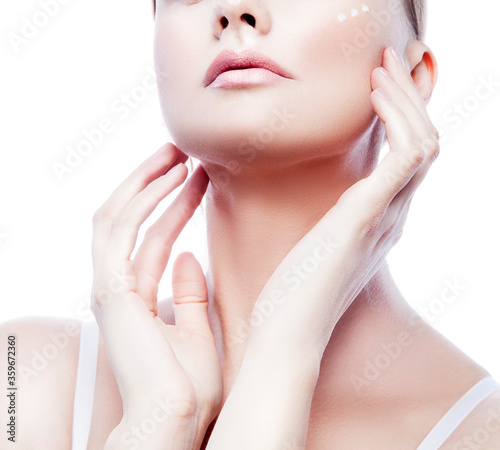 Lips  Beauty face  hands  model woman apply cream on healthy skin