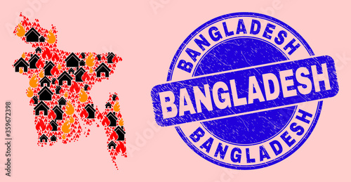 Fire and buildings collage Bangladesh map and Bangladesh dirty stamp seal. Vector collage Bangladesh map is created with scattered burning villages.