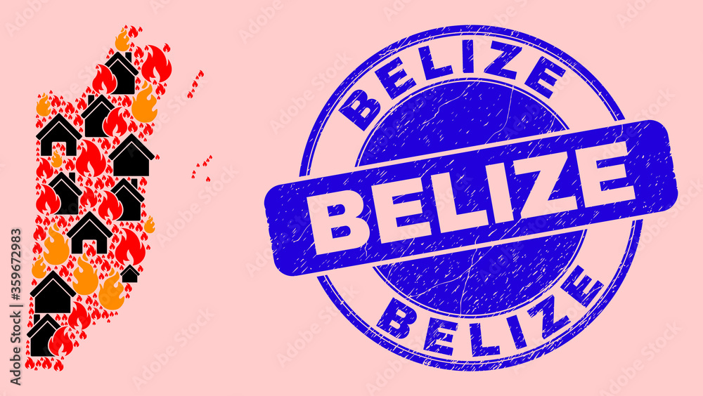 Fire and houses collage Belize map and Belize textured watermark. Vector mosaic Belize map is done of random burning houses. Belize map collage is composed for fire guard templates. Fire and houses collage Belize map and Belize textured watermark. Vector mosaic Belize map is done of random burning houses. Belize map collage is composed for fire guard templates.
