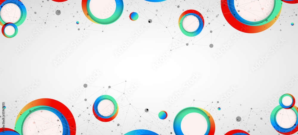 Multicolored circles arranged on a plexus abstraction for use in scientific or technical fields. Geometric abstract background with connected dots and lines.