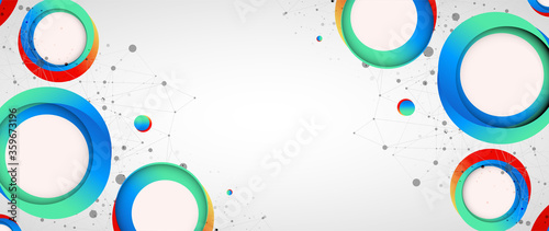 Multicolored circles arranged on a plexus abstraction for use in scientific or technical fields. Geometric abstract background with connected dots and lines.