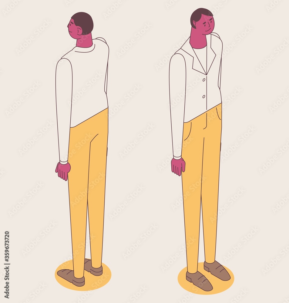 Isometric full color outline man standing in business clothes. Concept simplified male character from front and back
