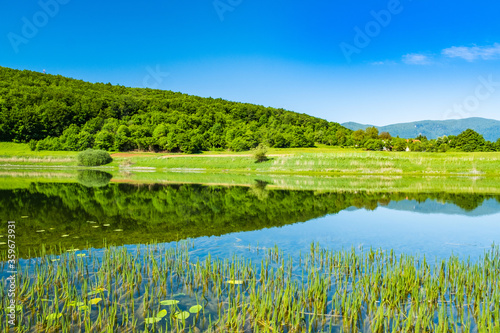 Beautiful green landscape in Lika region on Svica lake, Croatia 