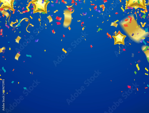Gold color balloons on sight with gold confetti isolated on background. 3D illustration of celebration, party