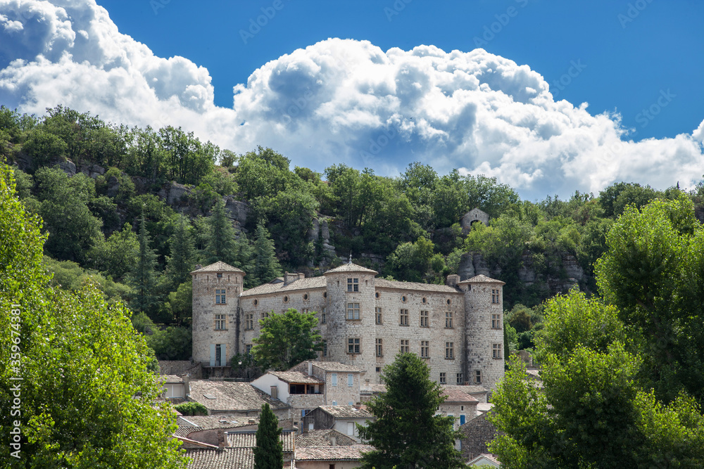 Fototapeta premium Le château de Vogüe surmonté par la forêt