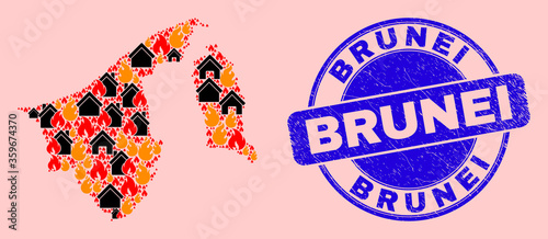Fire and houses composition Brunei map and Brunei dirty seal. Vector collage Brunei map is designed with scattered burning cities. Brunei map collage is formed for fire insurance posters.