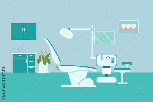 professional dentist workplace chair and tools dental room cabinet tooth care concept modern clinic office interior stock vector illustration.