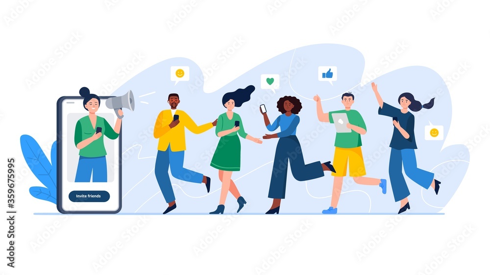 Referral system, refer a friend, a loyalty program. Group of people or customers are holding phones and join invitations. Trendy vector illustration for banners, landing page template, mobile app. - obrazy, fototapety, plakaty 