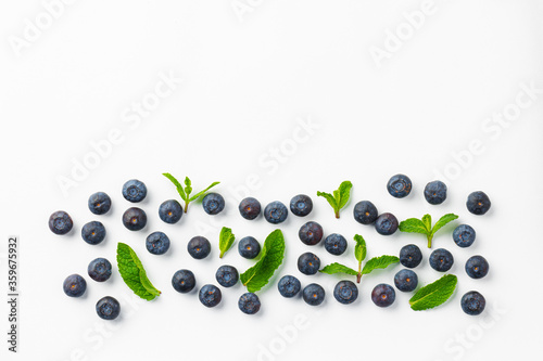 Top view of fresh blueberries on white background