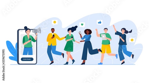 Referral system, refer a friend, a loyalty program. Group of people or customers are holding phones and join invitations. Trendy vector illustration for banners, landing page template, mobile app.