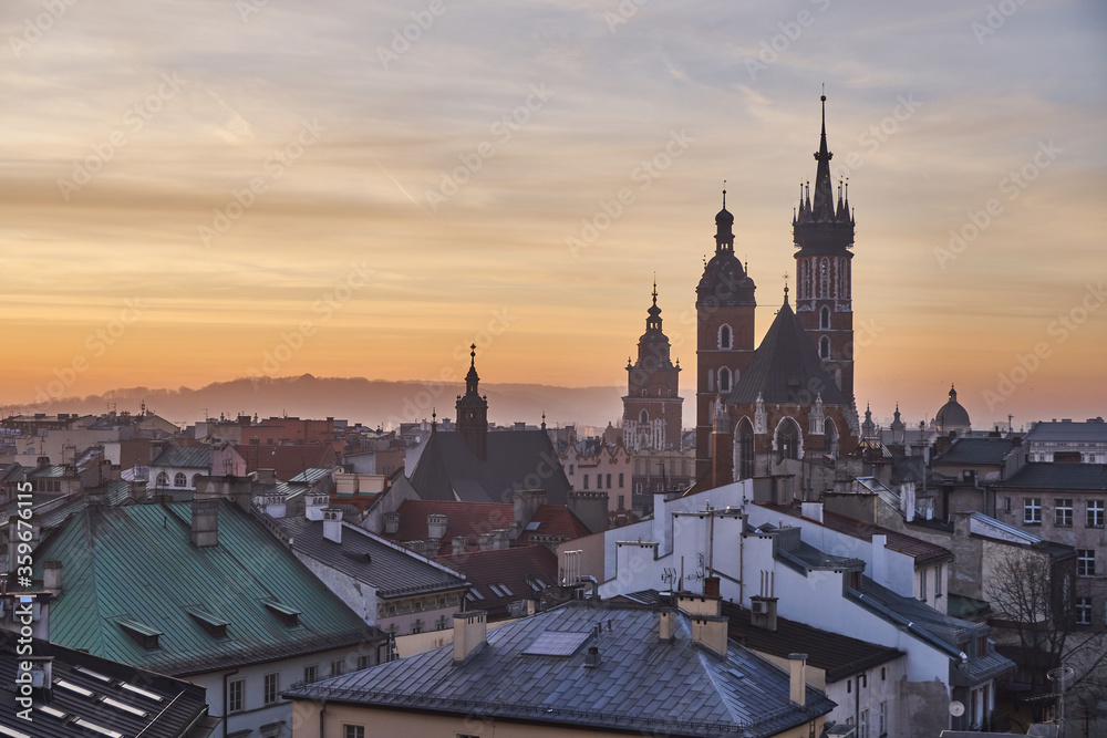 Panorama old town part of Krakow/Cracow, Poland at sunset.