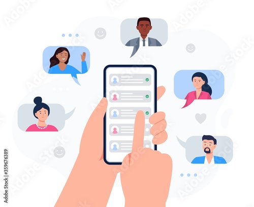 Hands holding a phone with contacts of friends. Refer a friend concept. Social media marketing for friends. Trendy flat vector illustration for banners, landing page template, mobile app.