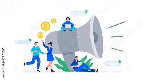 A concept with a group of people with smartphones near a giant megaphone. Refer a friend or referral marketing concept. Trendy flat vector illustration for banners, landing page template, mobile app.