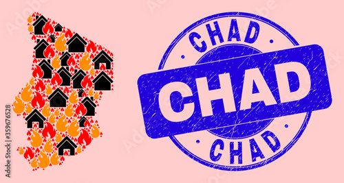 Fire disaster and realty collage Chad map and Chad dirty stamp seal. Vector collage Chad map is formed of scattered burning cities. Chad map collage is created for fire insurance posters.