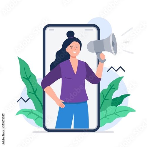 A woman shouting megaphone. Refer a friend concept. Referal marketing. Trendy flat vector illustration for banners, landing page template, mobile app.