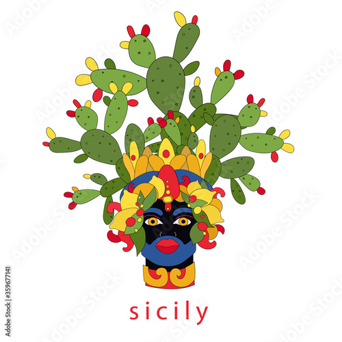 Sicilian planter head with moor and prickly pear. Moorish. Italy, Sicily. Vector illustration of sicilian symbol, souvenir. Postcard, print design photo