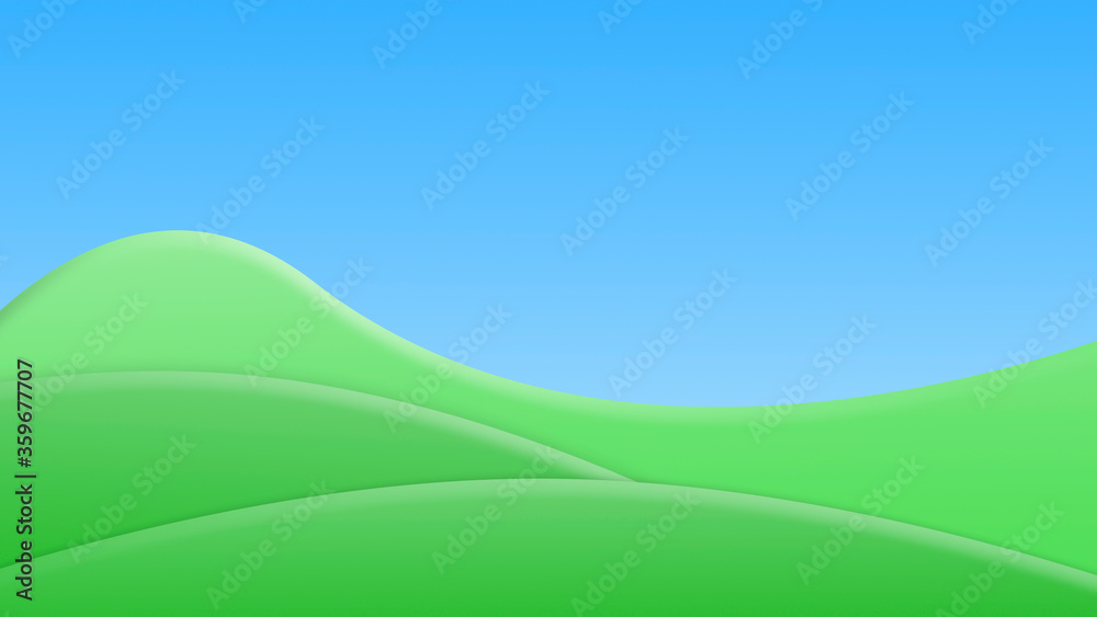 Landscape of  green fields, hills and bright blue sky. Cartoon style 3D illustration