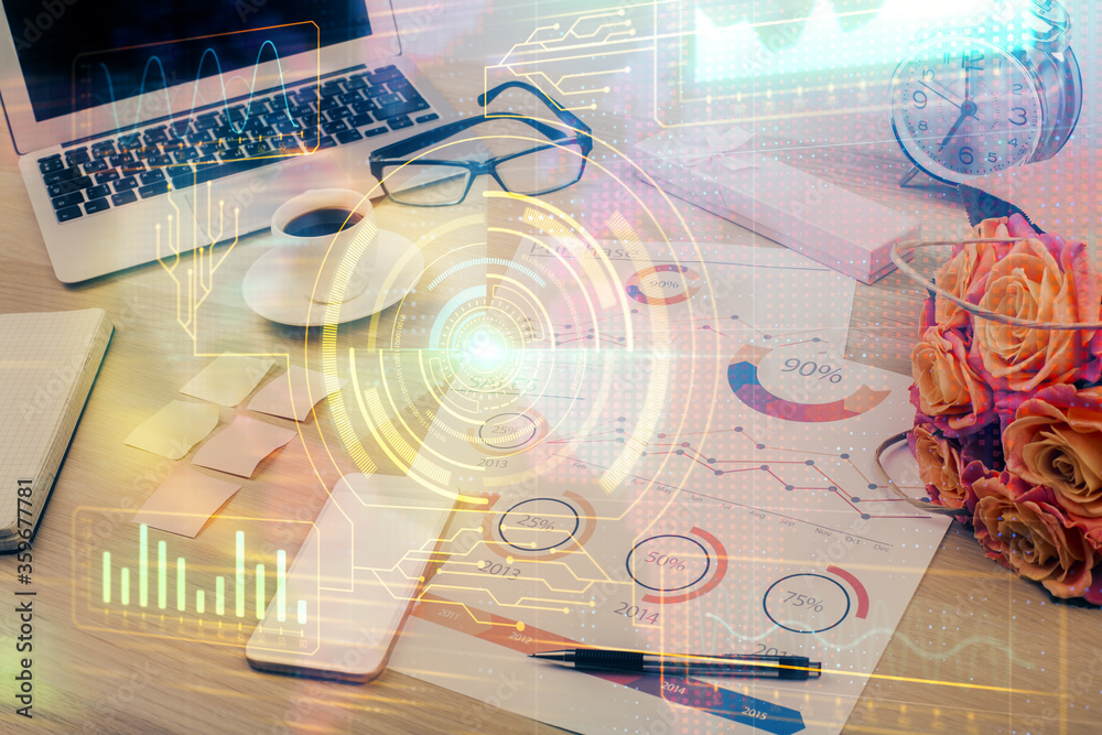 Multi exposure of table with computer on background and data theme drawing. Concept of innovation. Multi exposure of table with computer on background and data theme drawing. Concept of innovation.