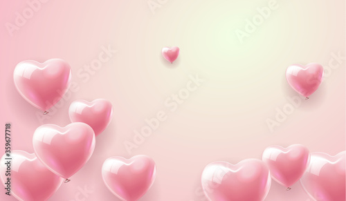 Air Balloons of heart shaped in pastel pink background. Happy valentines day romantic design elements holiday celebration. Valentine's Day or wedding or bachelorette party decoration. Vector EPS 10. © nikelser