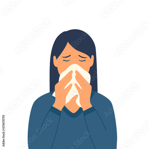 Sneezing woman concept vector illustration on white background. A woman in blue dress sneezing in handkerchief. Sick woman sneeze. Season allergy. Covid-19 coronavirus pandemic influenza infection.