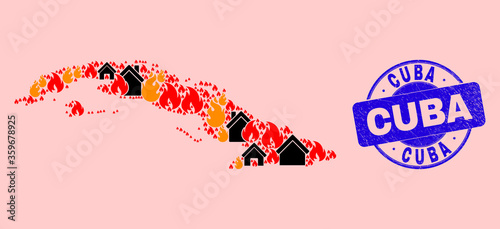 Fire disaster and homes composition Cuba map and Cuba rubber stamp seal. Vector collage Cuba map is constructed of randomized burning cities. Cuba map collage is created for fire insurance templates.