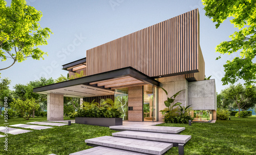 3d rendering of modern cozy house with parking and pool for sale or rent with wood plank facade and beautiful landscaping on background. Clear summer evening with cozy light from window.