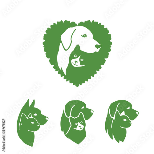 Pet care logo design with dog and cat for your pet shop, pet care, veterinary clinics, veterinary hospital and animal shelters homeless, etc. Pet dog and cat icon. Vector illustration.
