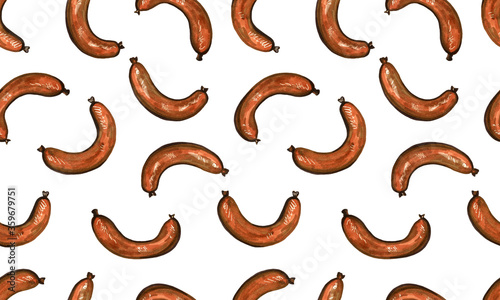 Hand drawn marker food illustration. Seamless pattern with fried meat sausages on white background. Healthy breakfast in the morning. Cooking concept
