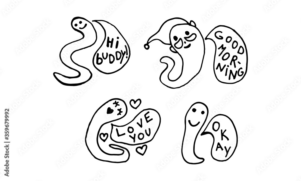 Collection of funny worms with speech bubble. Hand drawn vector character illustration. Outline doodle drawing