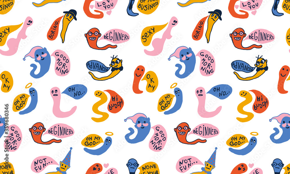 Funny worms with speech bubbles. Seamless pattern. Hand drawn vector character illustration. Colorful doodle drawing
