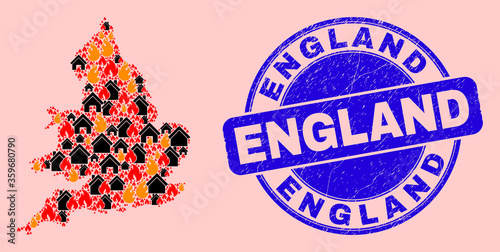 Flame and houses collage England map and England textured watermark. Vector collage England map is composed of scattered burning homes. England map collage is composed for fire insurance posters.