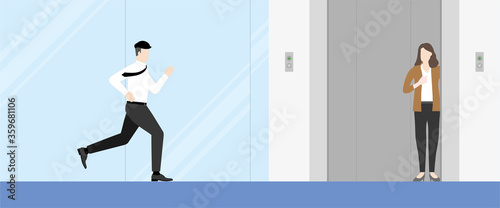 Banner of business office man lifestyle in hurry life in rush hour.  Running to lift workplace.