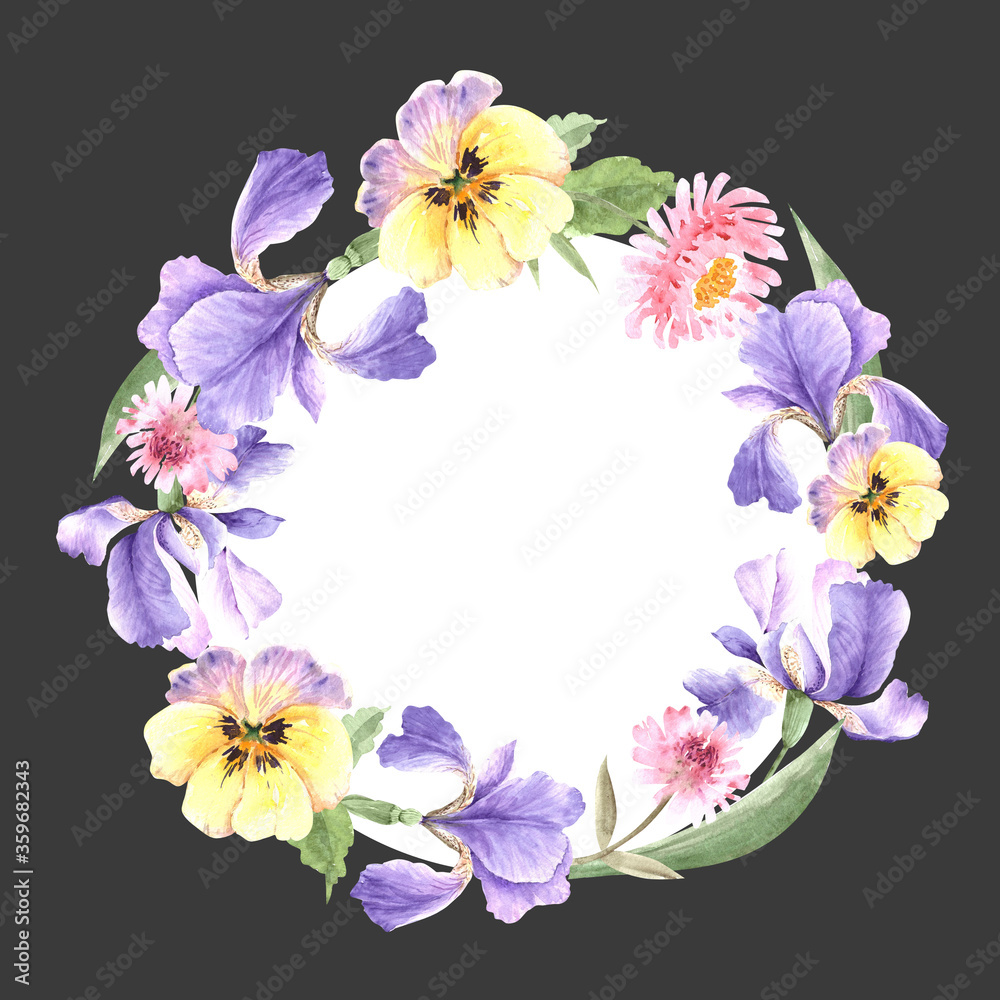 round frame of purple irises flowers, watercolour illustration on dark background