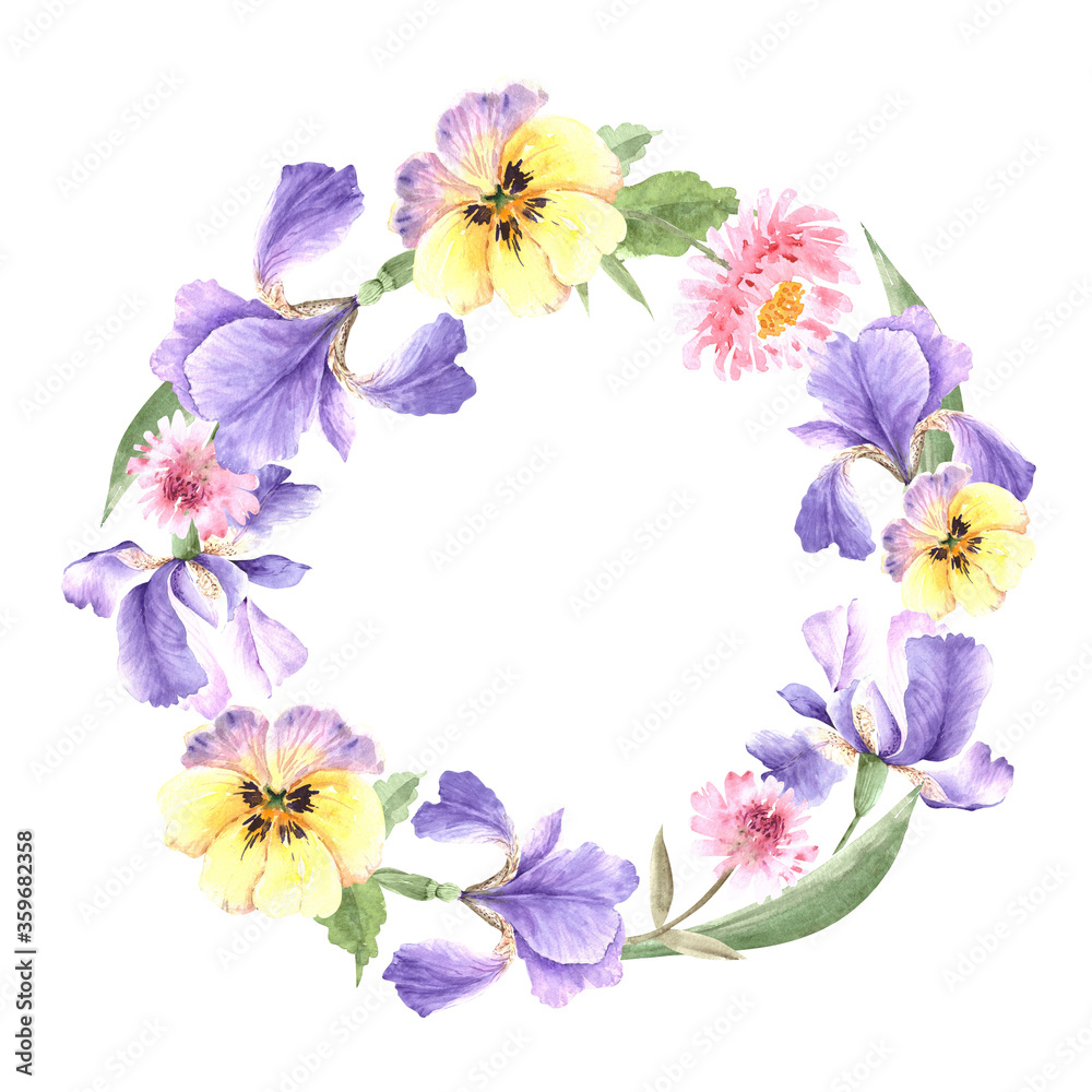 round frame of purple irises flowers, watercolour illustration on white background