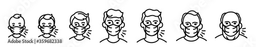 icons man in medical face protection mask, patients of different ages, infants, children, young people, middle-aged, elderly, old