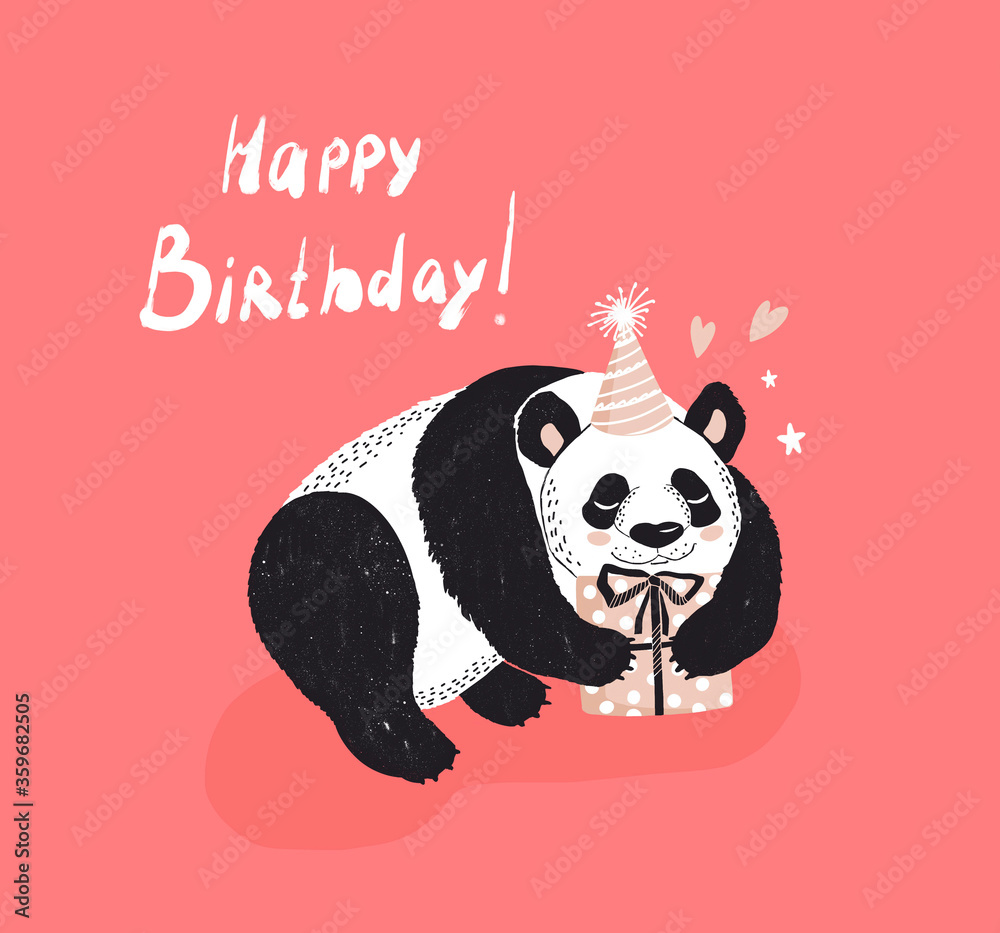 Digital illustration of a cute panda with a birthday present, bear on a pink background Digital illustration of a cute panda with a birthday present, bear on a pink background
