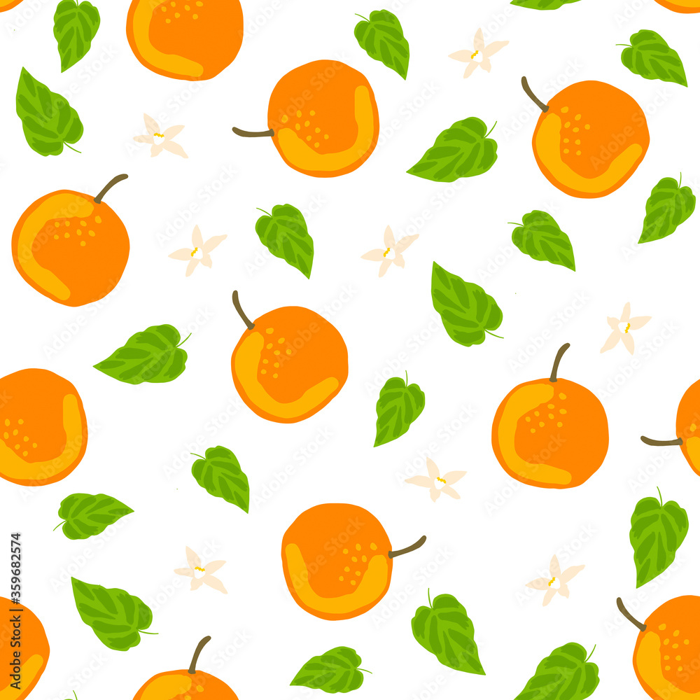 seamless pattern with oranges green leaves and flowers on a white background seamless pattern with oranges green leaves and flowers on a white background