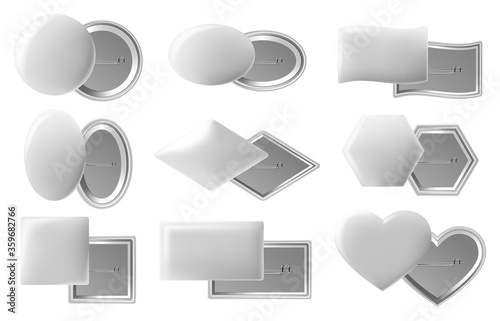 Blank button badge. Realistic pin buttons, white plastic or metal pin with pinned back view, glossy pin badges isolated vector mockup. Badge plastic circle, frame blank glossy illustration