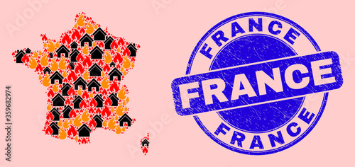Fire hazard and houses collage France map and France dirty seal. Vector collage France map is made from scattered burning cities. France map collage is created for fire insurance purposes.